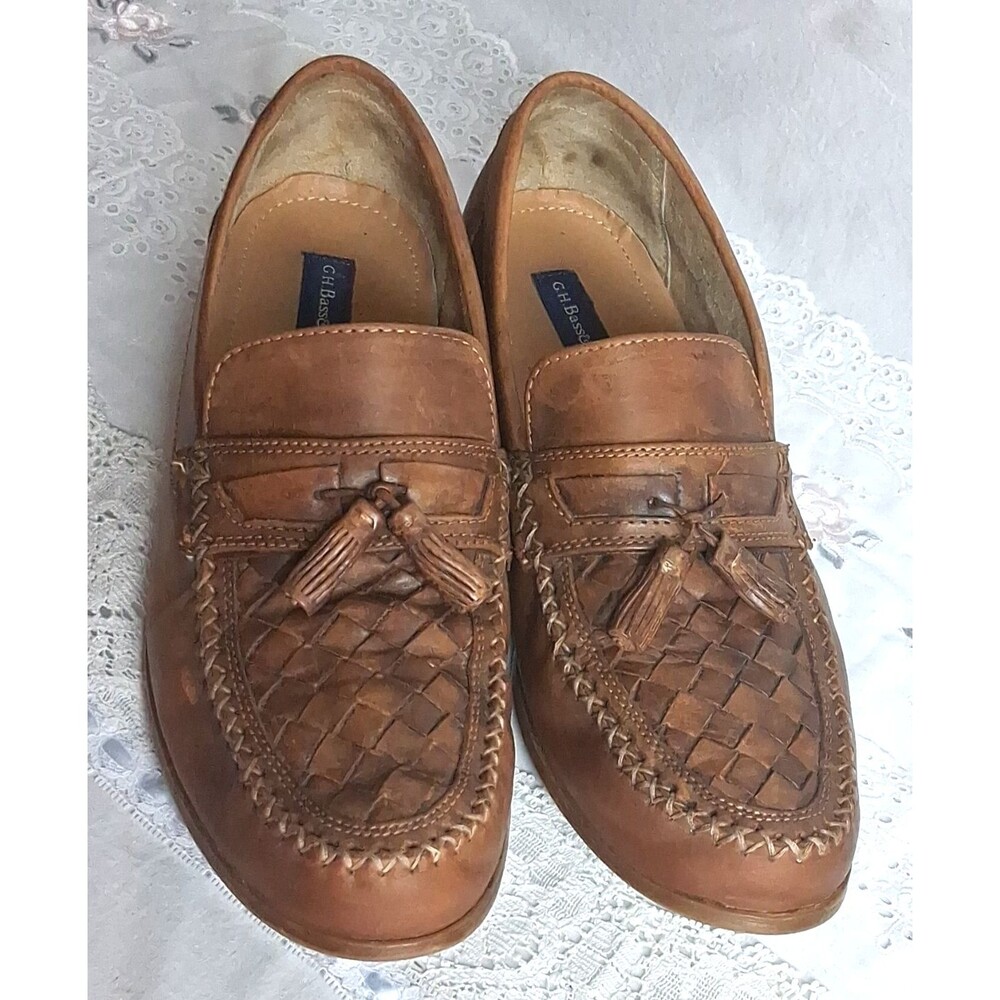 G.H. Bass Men 11 Brown Leather Woven Tassel Loafers Slip On Dress Shoes Money